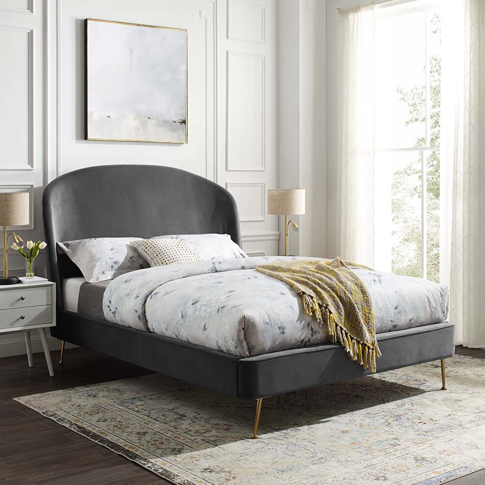 Upholstered performance velvet platform bed in gray by Modway