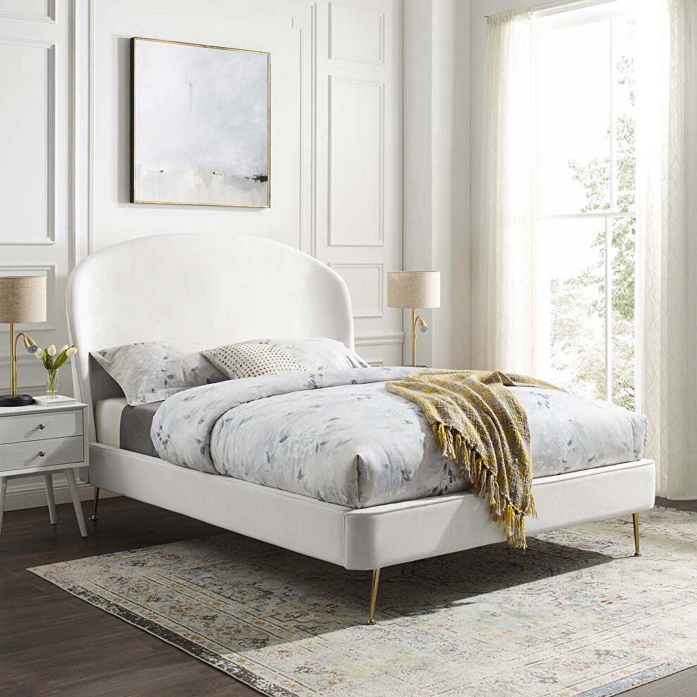 Upholstered performance velvet platform bed in white by Modway