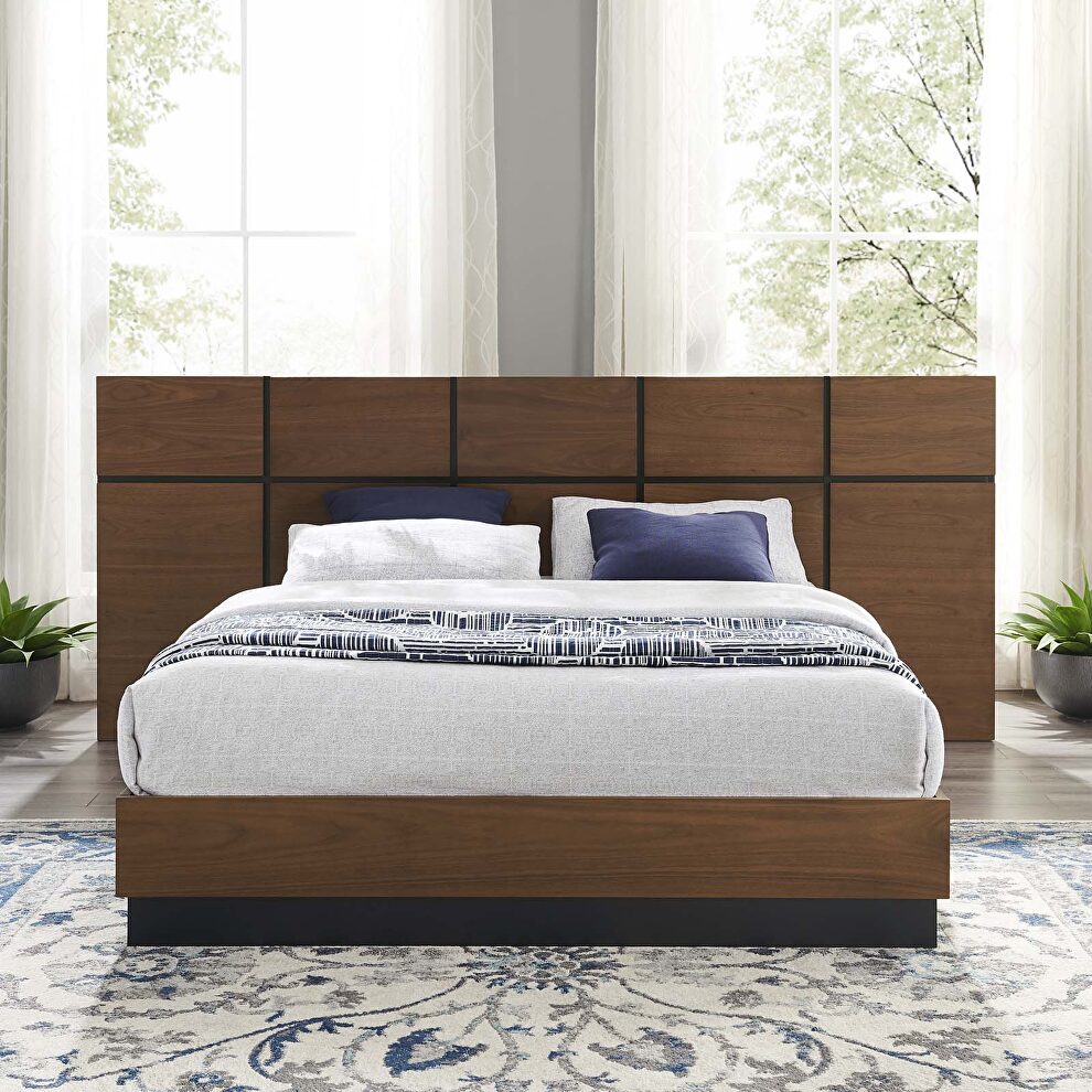 Beautifully grained brown walnut veneer platform bed by Modway