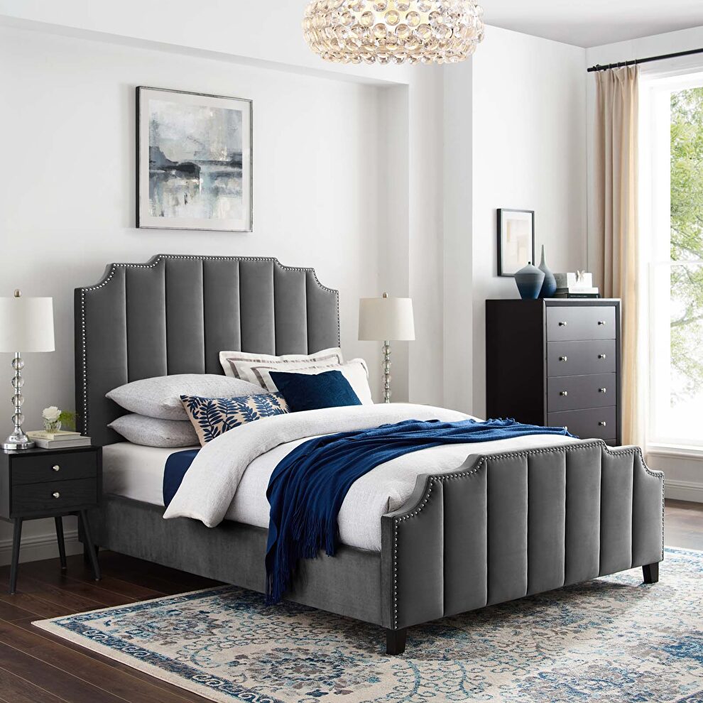 Gray finish performance velvet upholstery platform bed by Modway