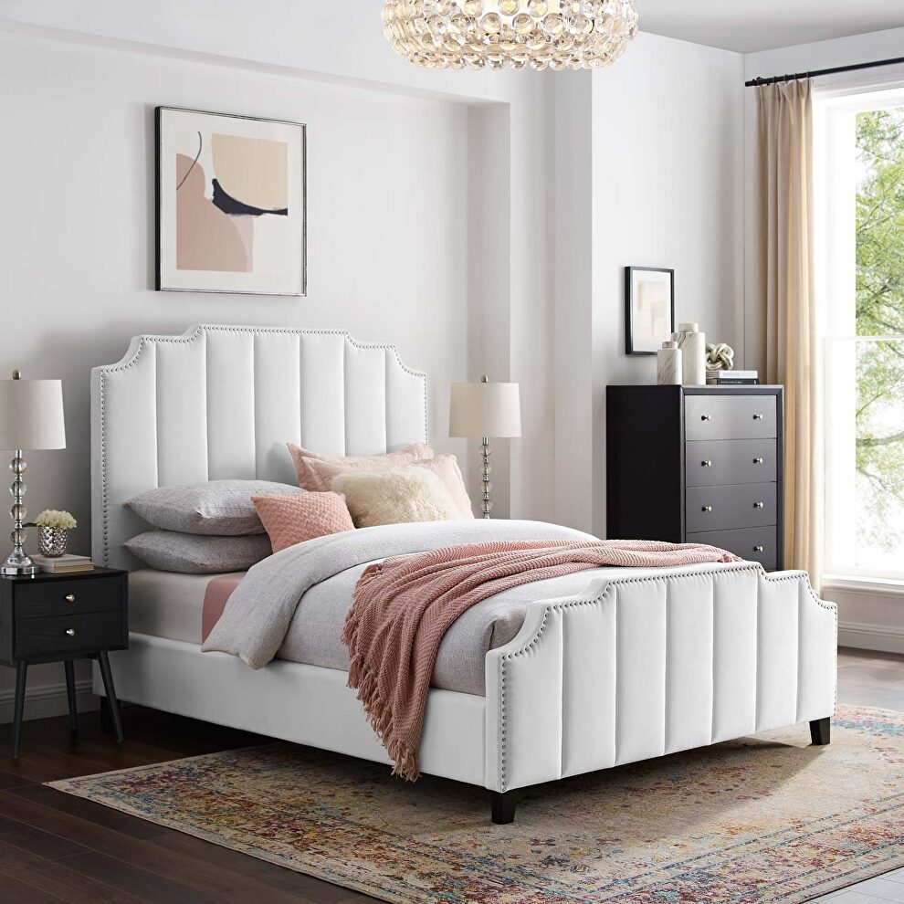 White finish performance velvet upholstery platform bed by Modway