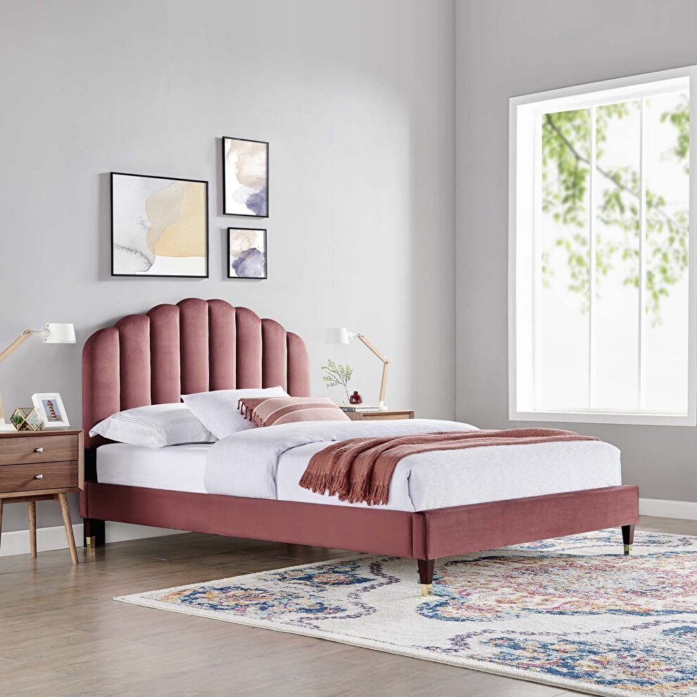 Dusty rose finish performance velvet upholstery platform queen bed by Modway
