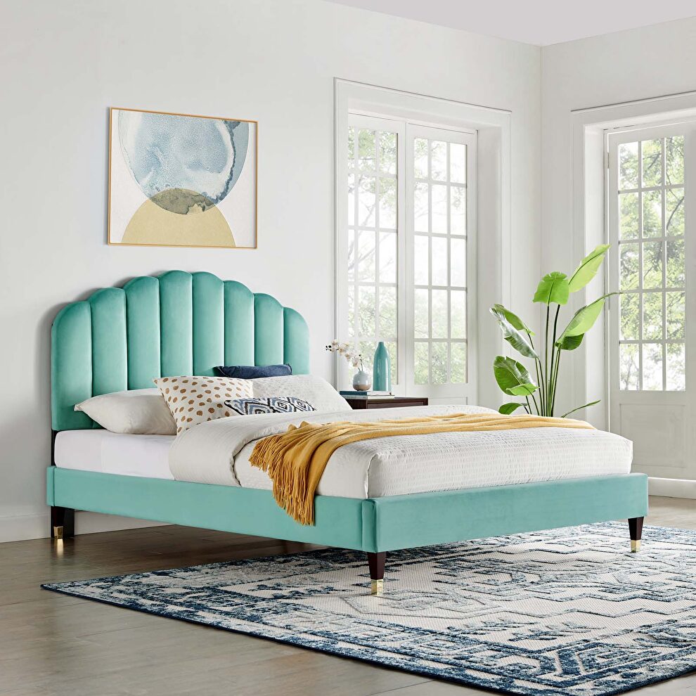 Mint finish performance velvet upholstery platform queen bed by Modway