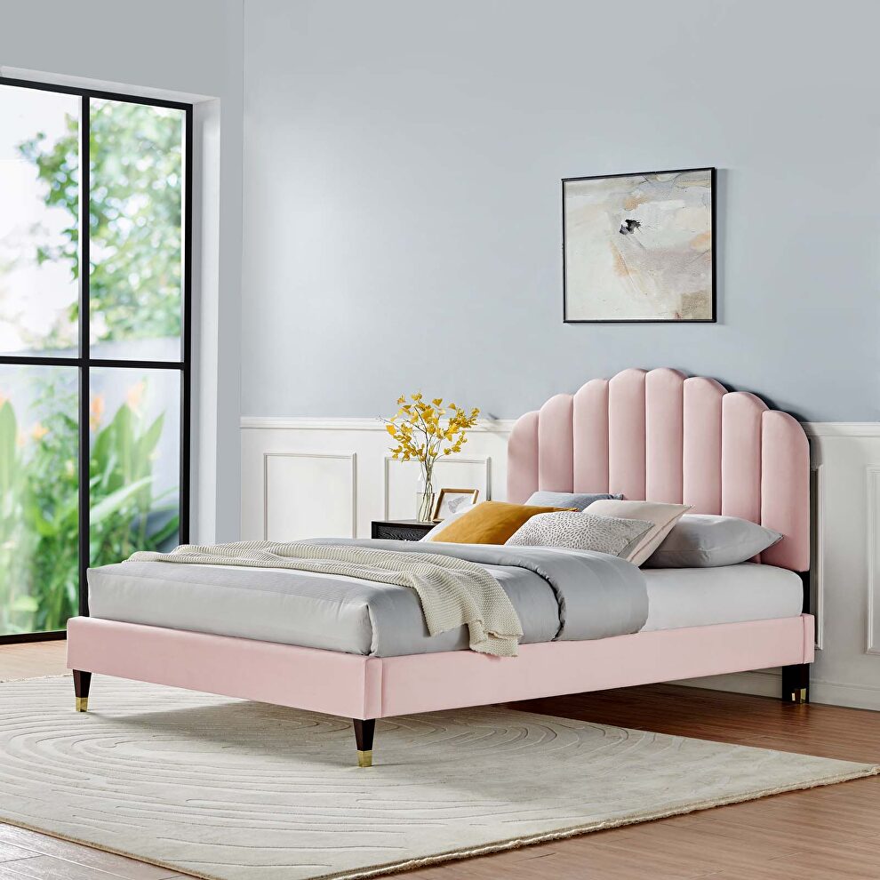 Pink finish performance velvet upholstery platform queen bed by Modway