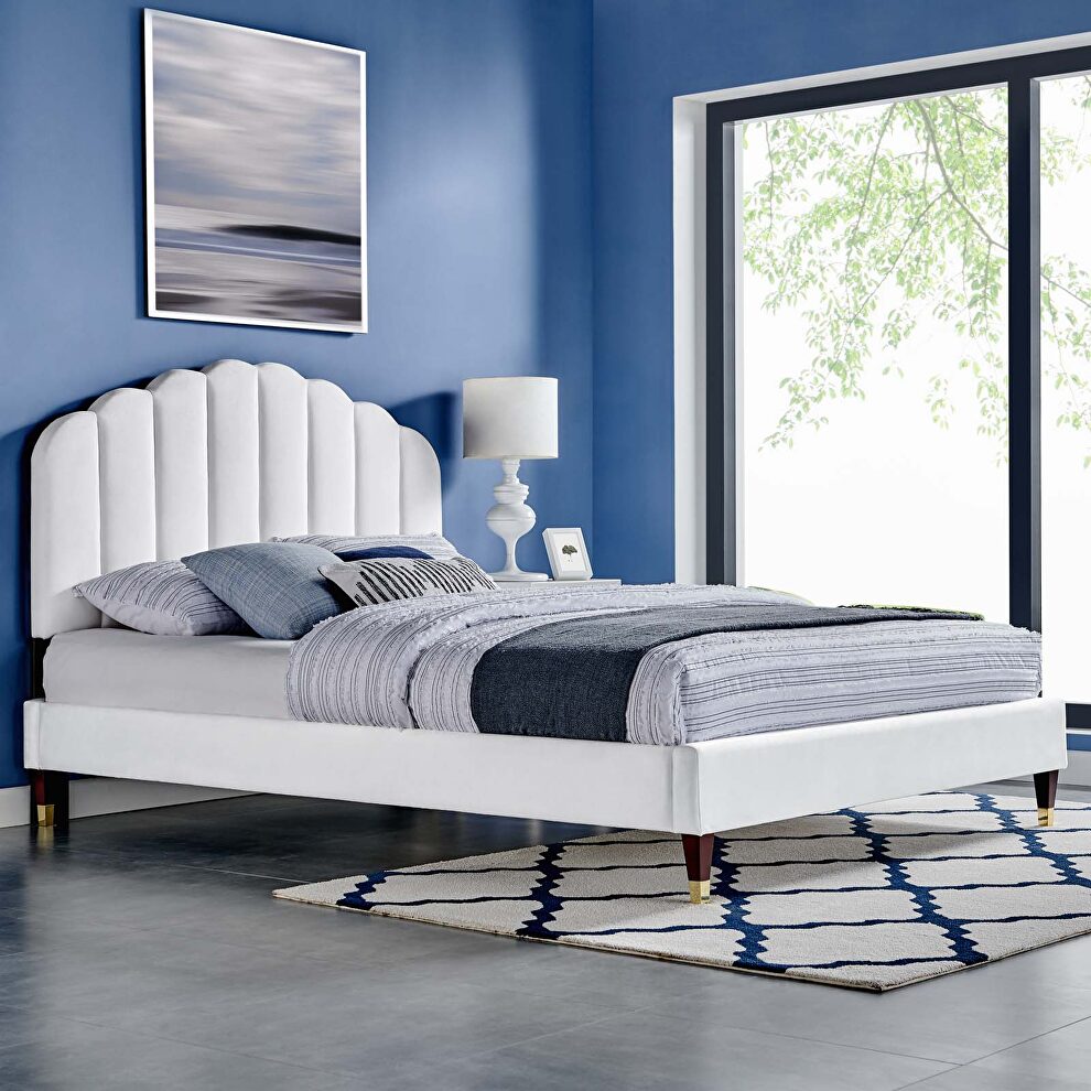 White finish performance velvet upholstery platform queen bed by Modway