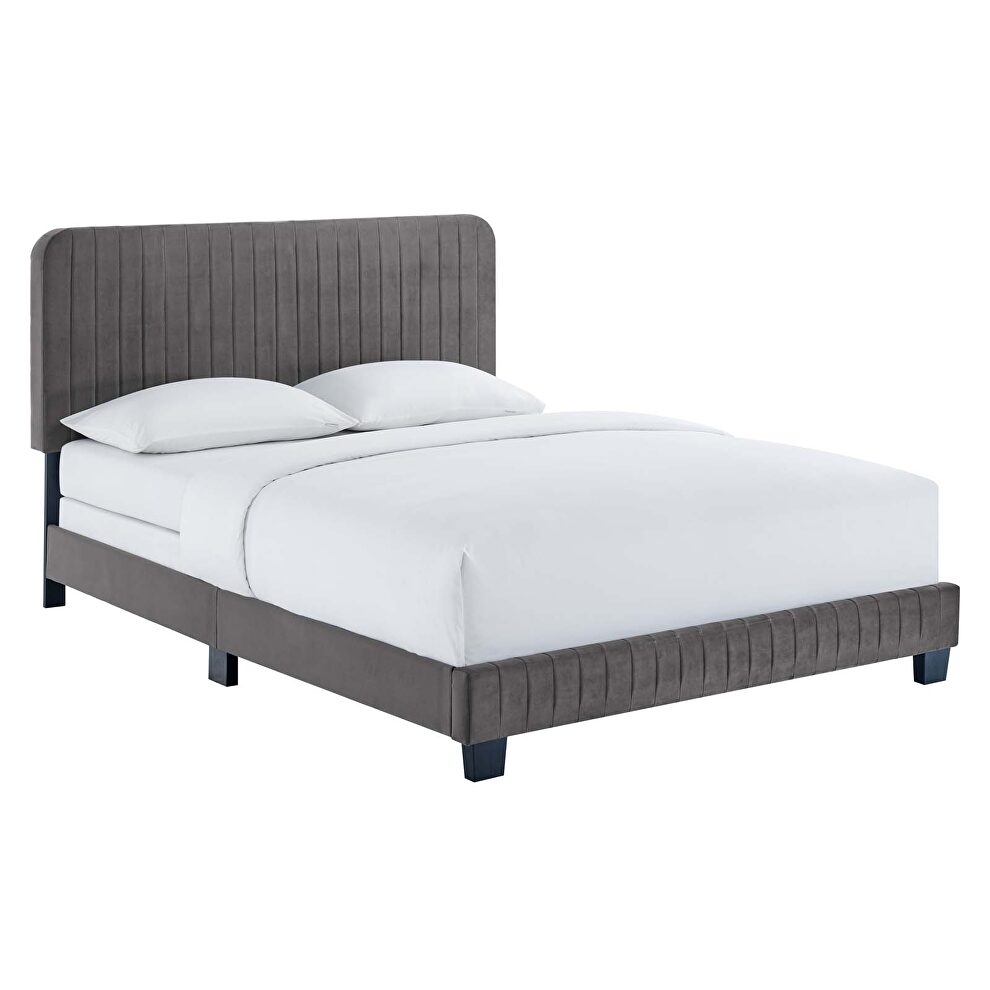 Gray finish channel tufted performance velvet full bed by Modway