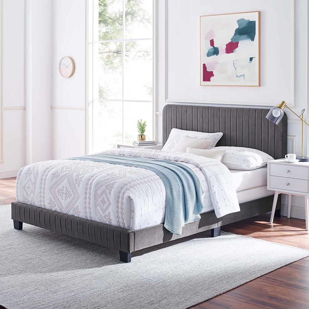 Gray finish channel tufted performance velvet twin bed by Modway