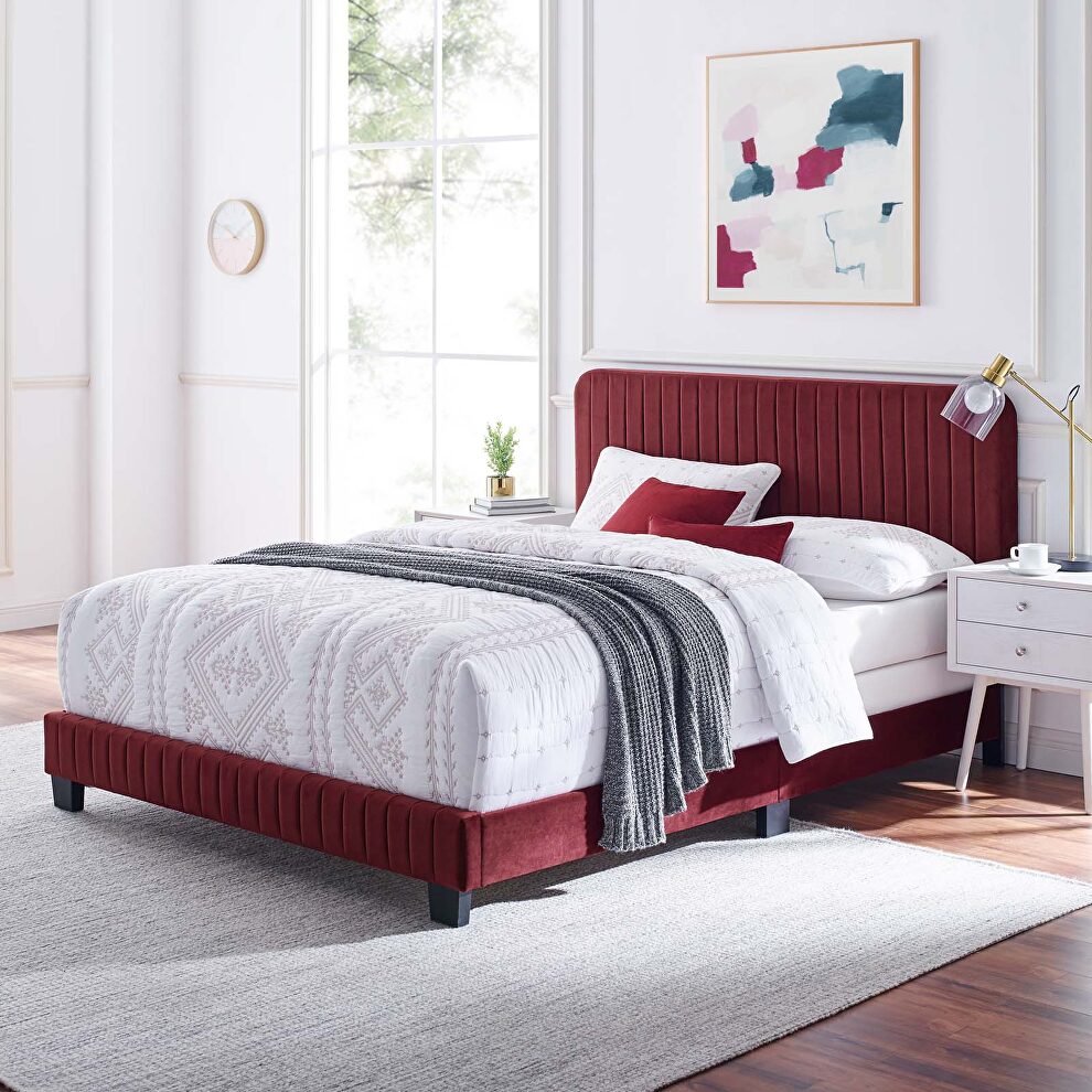 Maroon finish channel tufted performance velvet twin bed by Modway