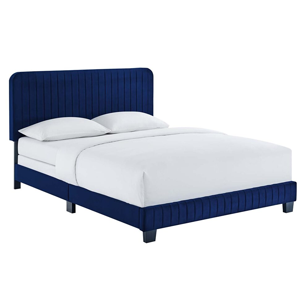 Navy finish channel tufted performance velvet full bed by Modway