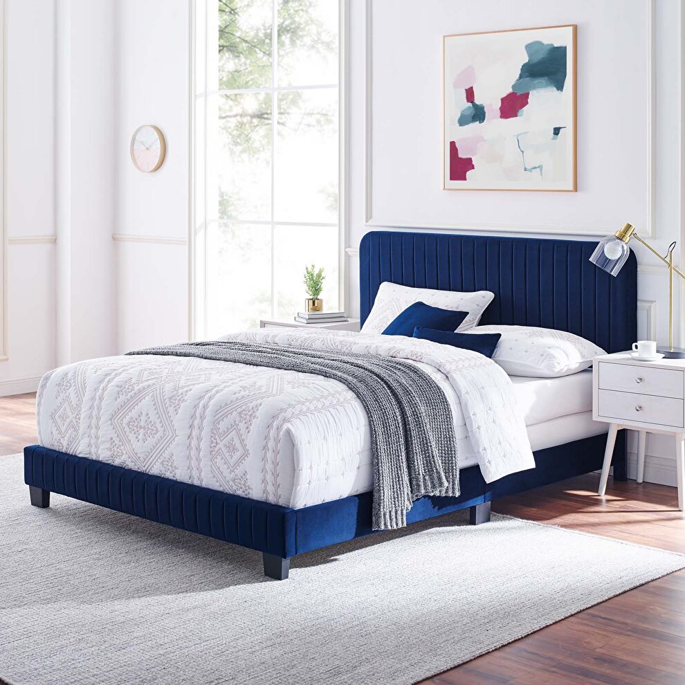 Navy finish channel tufted performance velvet twin bed by Modway