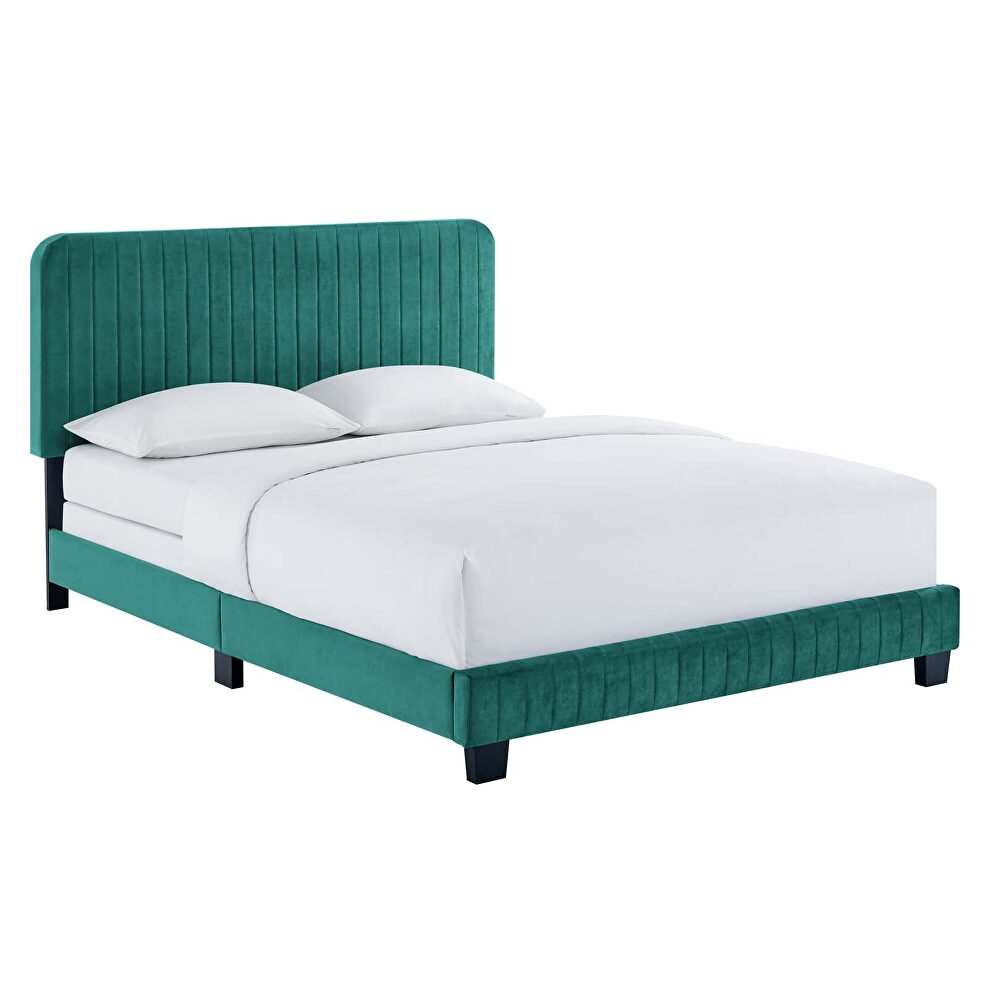 Teal finish channel tufted performance velvet full bed by Modway