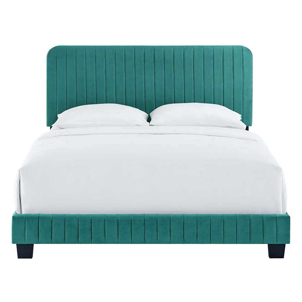 Teal finish channel tufted performance velvet king bed by Modway