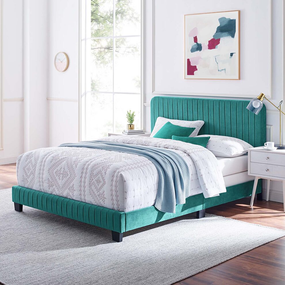 Teal finish channel tufted performance velvet twin bed by Modway
