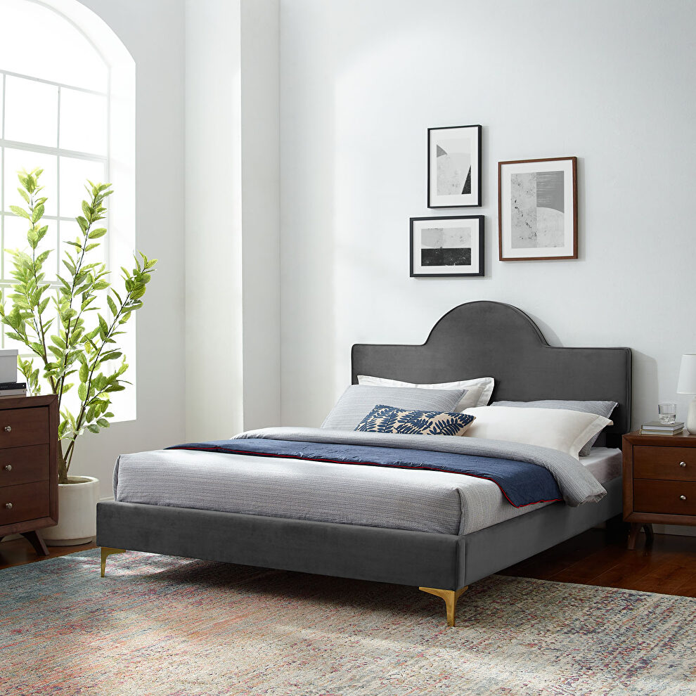 Charcoal performance velvet upholstery queen bed by Modway