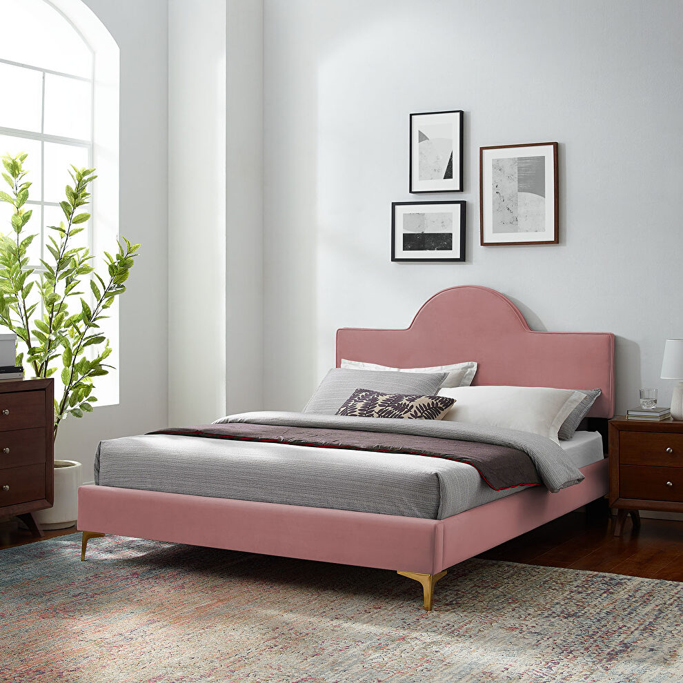 Dusty rose performance velvet upholstery queen bed by Modway