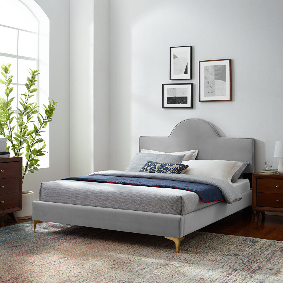 Light gray performance velvet upholstery queen bed by Modway