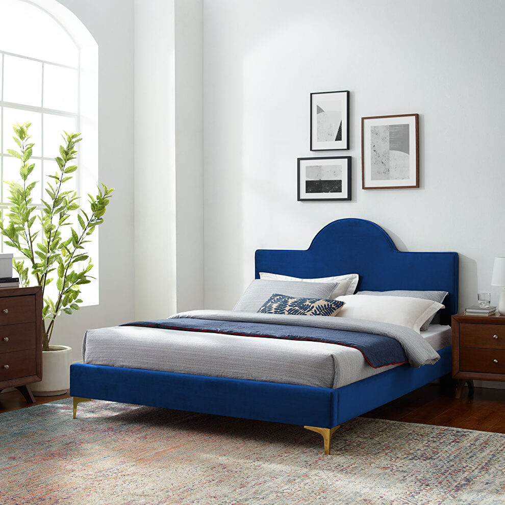 Navy performance velvet upholstery queen bed by Modway