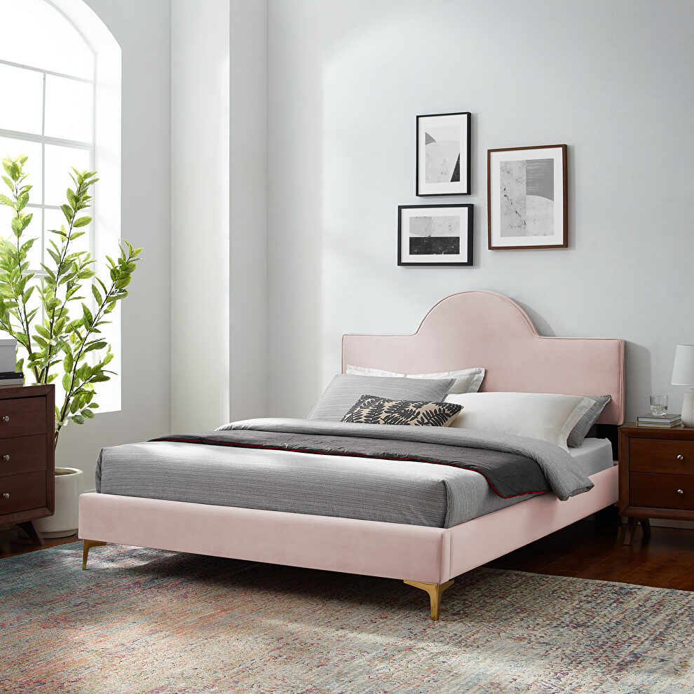 Pink performance velvet upholstery queen bed by Modway