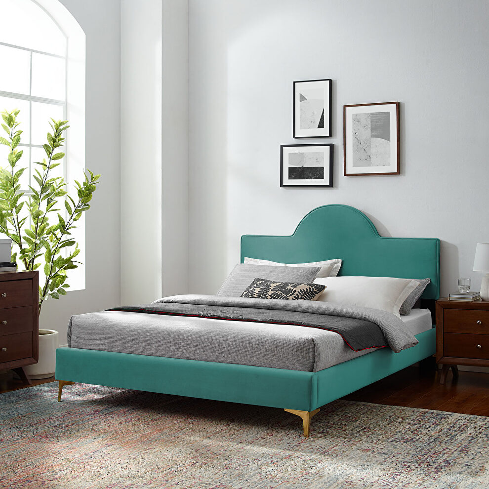 Teal performance velvet upholstery queen bed by Modway
