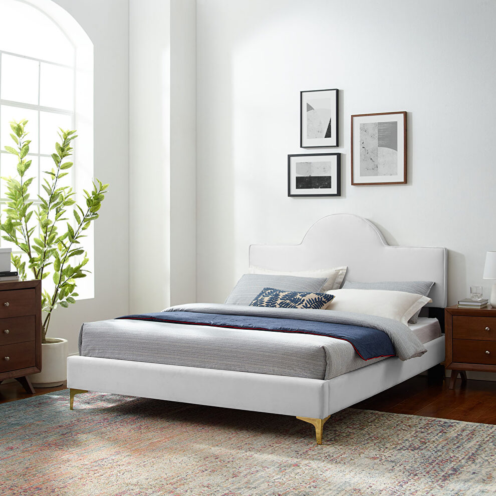 White performance velvet upholstery queen bed by Modway