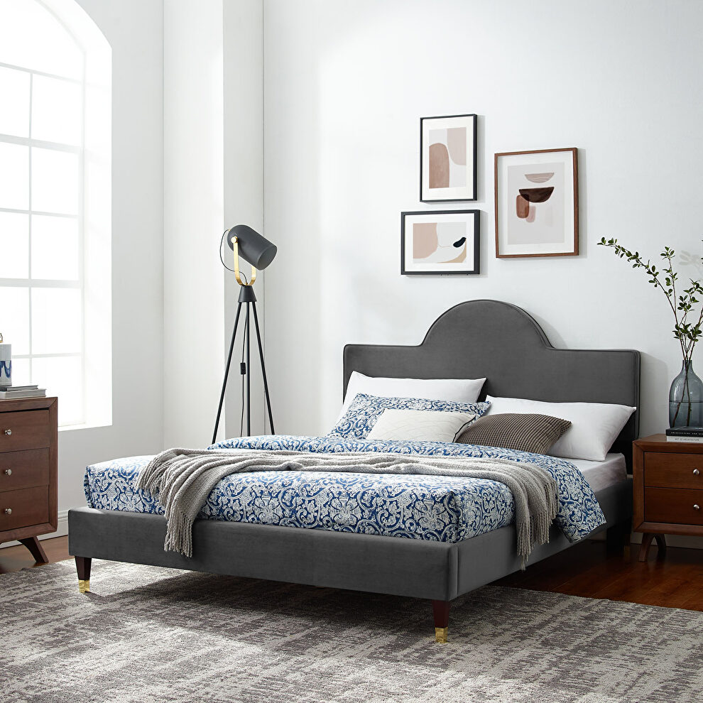 Performance velvet upholstery queen bed in charcoal by Modway