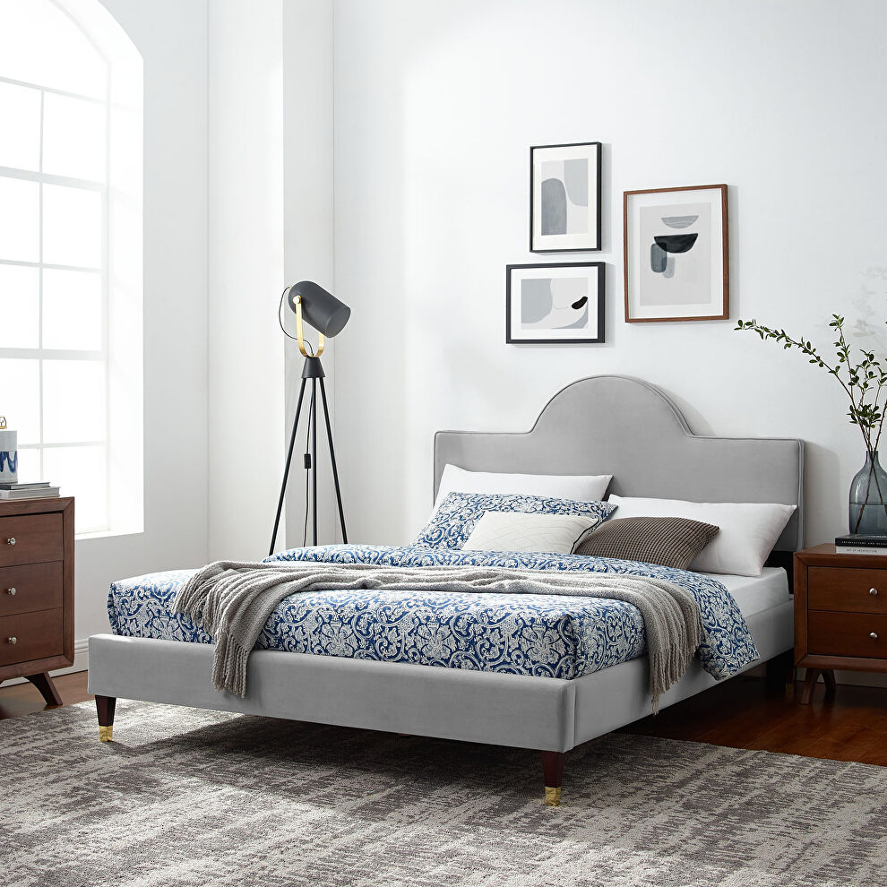 Performance velvet upholstery queen bed in light gray by Modway