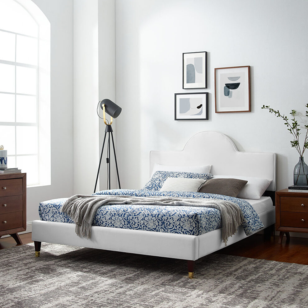Performance velvet upholstery queen bed in white by Modway