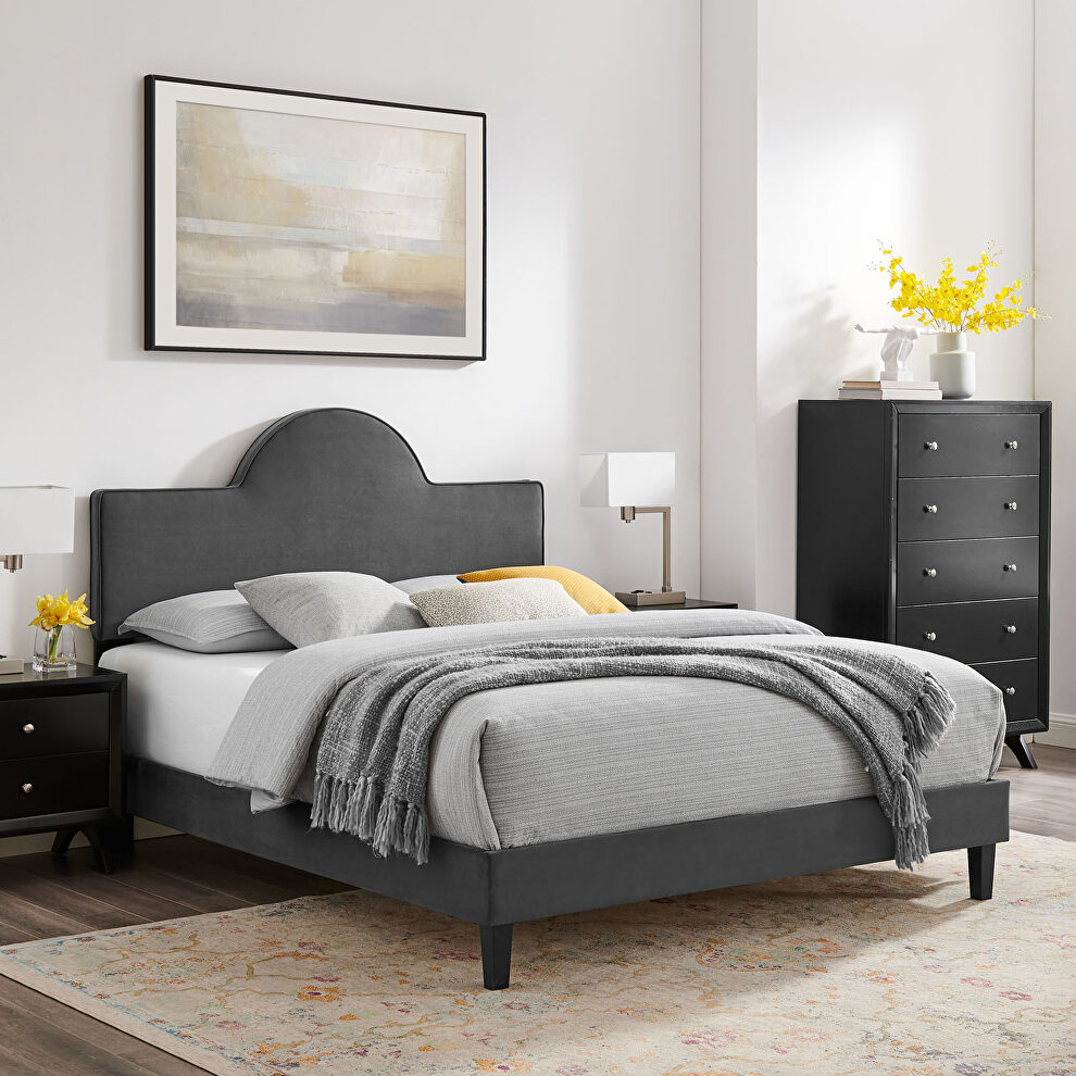 Performance velvet upholstery queen bed in charcoal finish by Modway