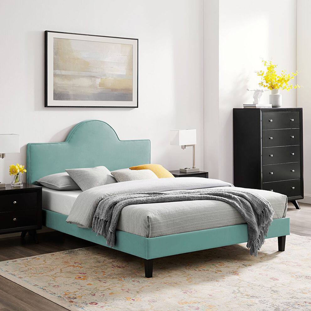 Performance velvet upholstery queen bed in mint finish by Modway