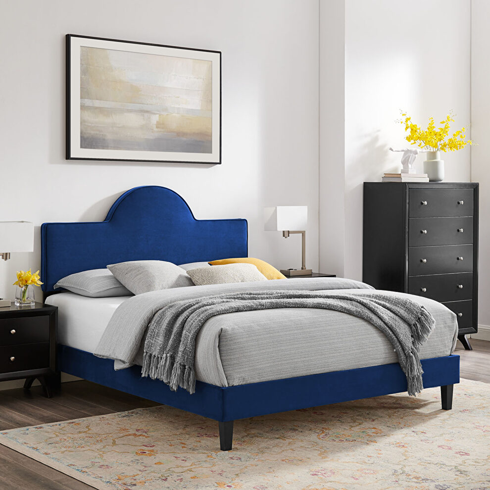 Performance velvet upholstery queen bed in navy finish by Modway