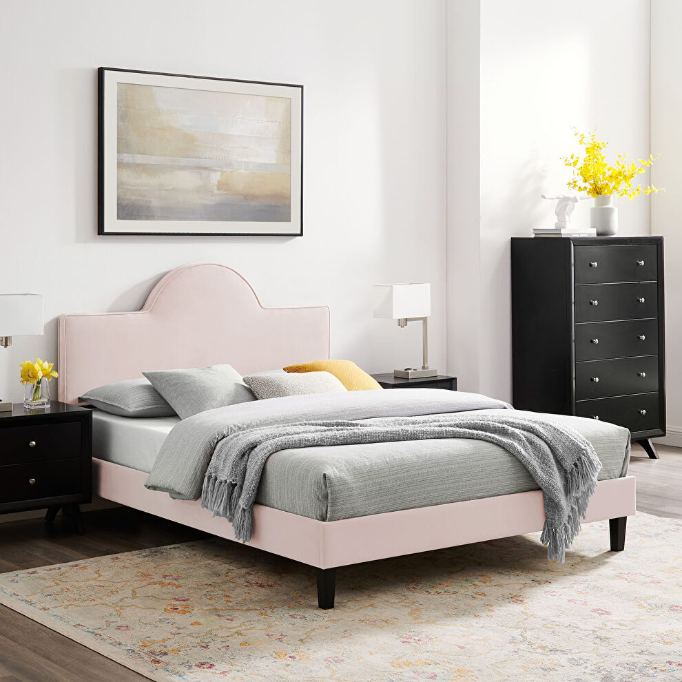 Performance velvet upholstery queen bed in pink finish by Modway