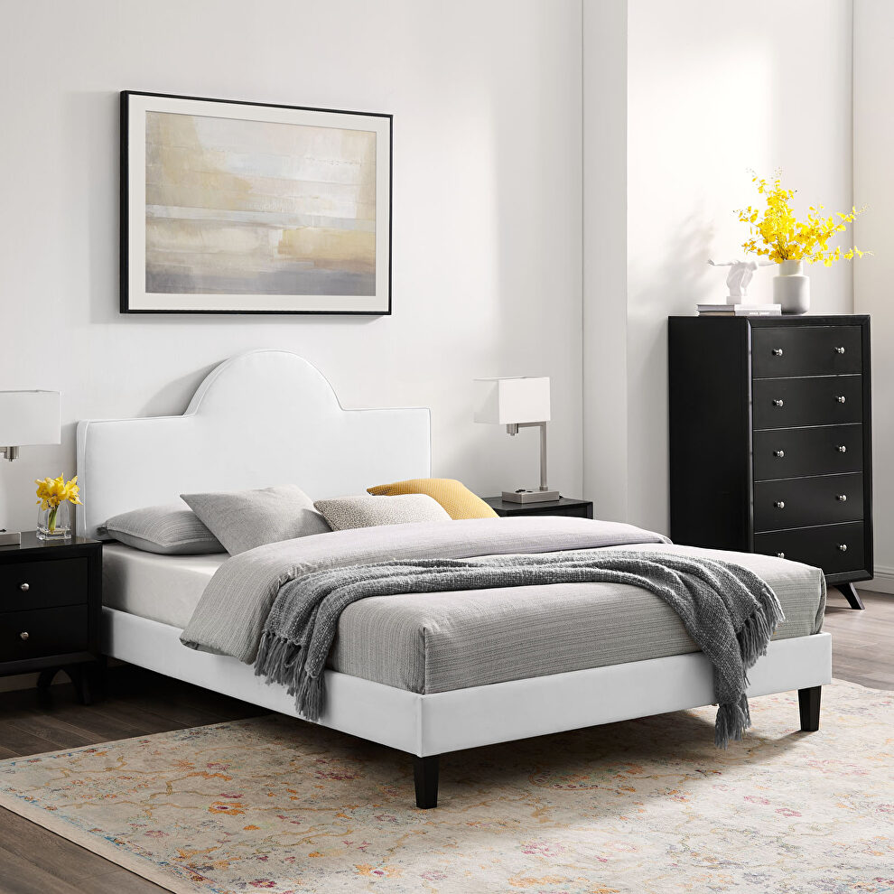 Performance velvet upholstery queen bed in white finish by Modway
