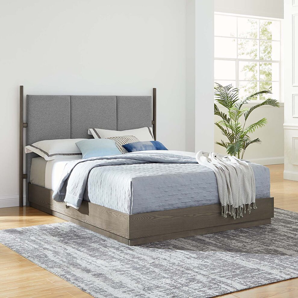 Oak light gray finish upholstered platform queen bed by Modway