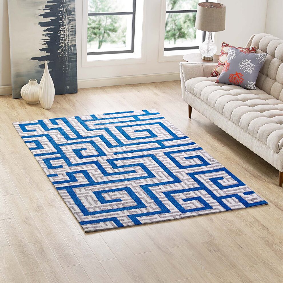 Geometric maze area rug in ivory/ light gray/ blue by Modway