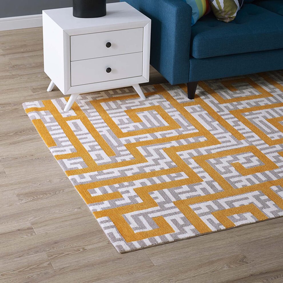 Geometric maze area rug in ivory/ light gray/ banana yellow by Modway