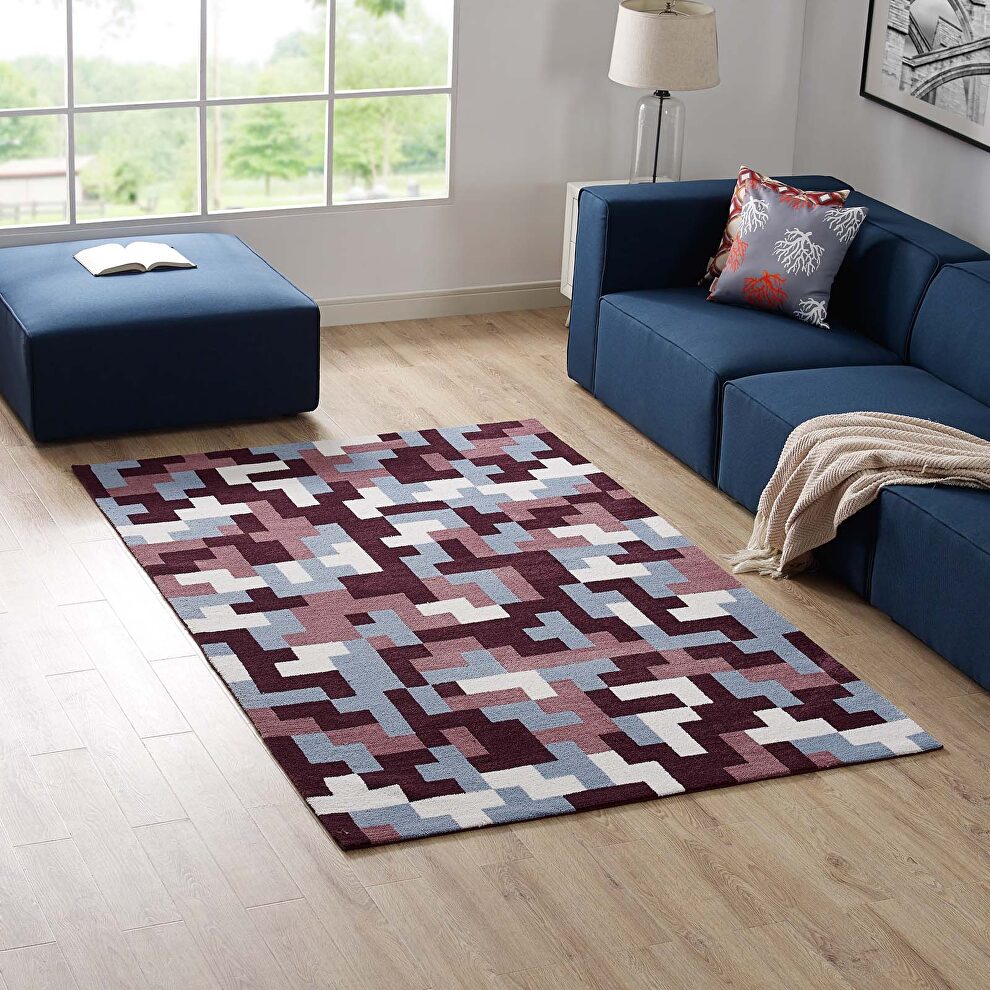 Interlocking block mosaic area rug in red/ light blue by Modway