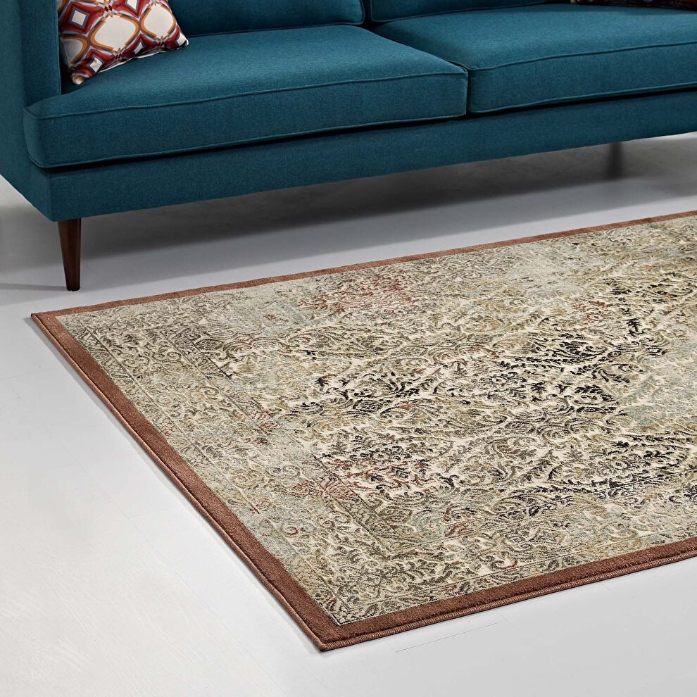 Tan/ walnut brown finish ornate turkish vintage area rug by Modway