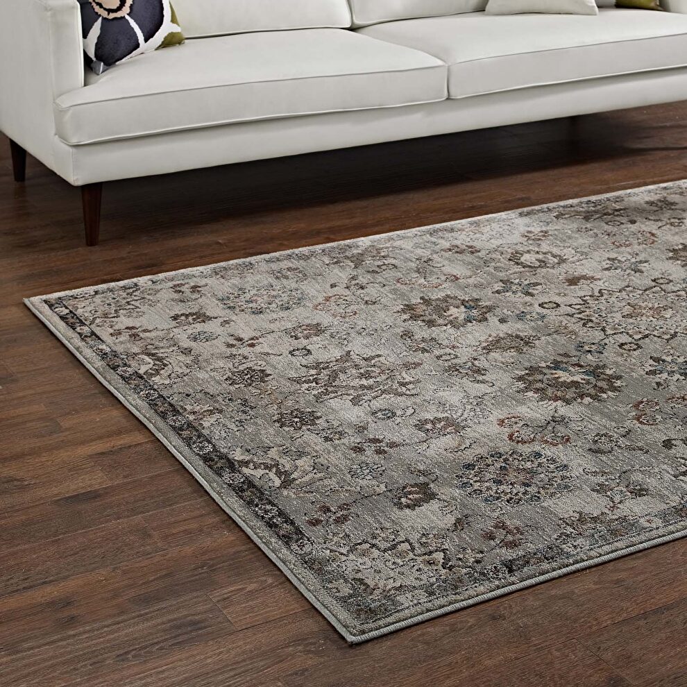 Distressed vintage floral lattice area rug in silver blue/ beige and brown by Modway