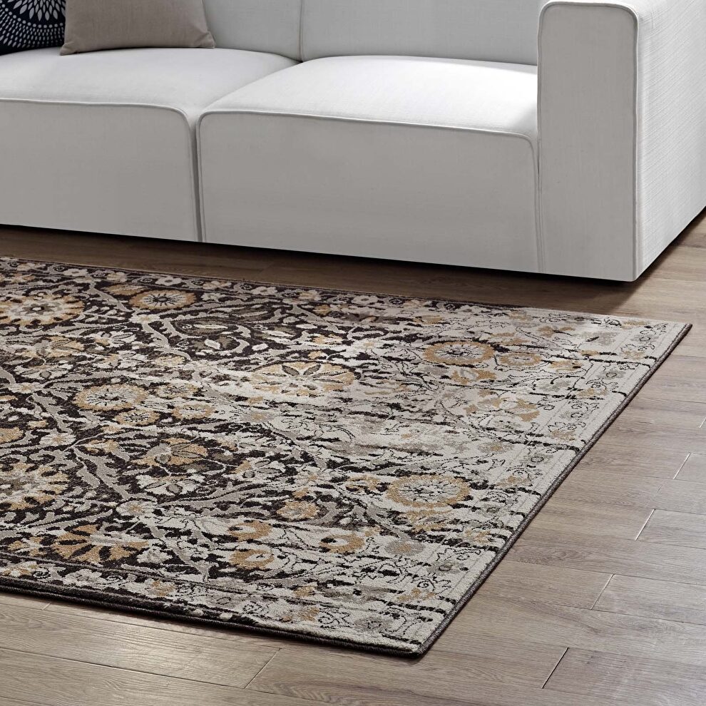 Black and beige distressed diamond floral lattice area rug by Modway