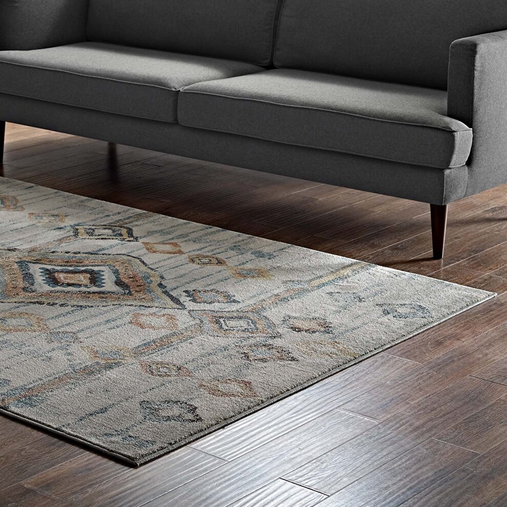 Distressed moroccan tribal abstract diamond area rug in silver blue, beige and brown by Modway