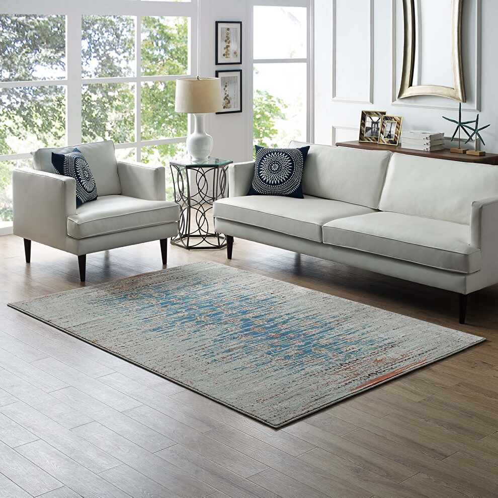 Teal, beige and brown distressed contemporary floral lattice area rug by Modway