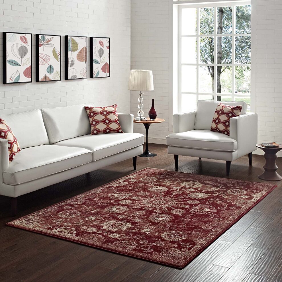 Burgundy and beige distressed floral persian medallion area rug by Modway