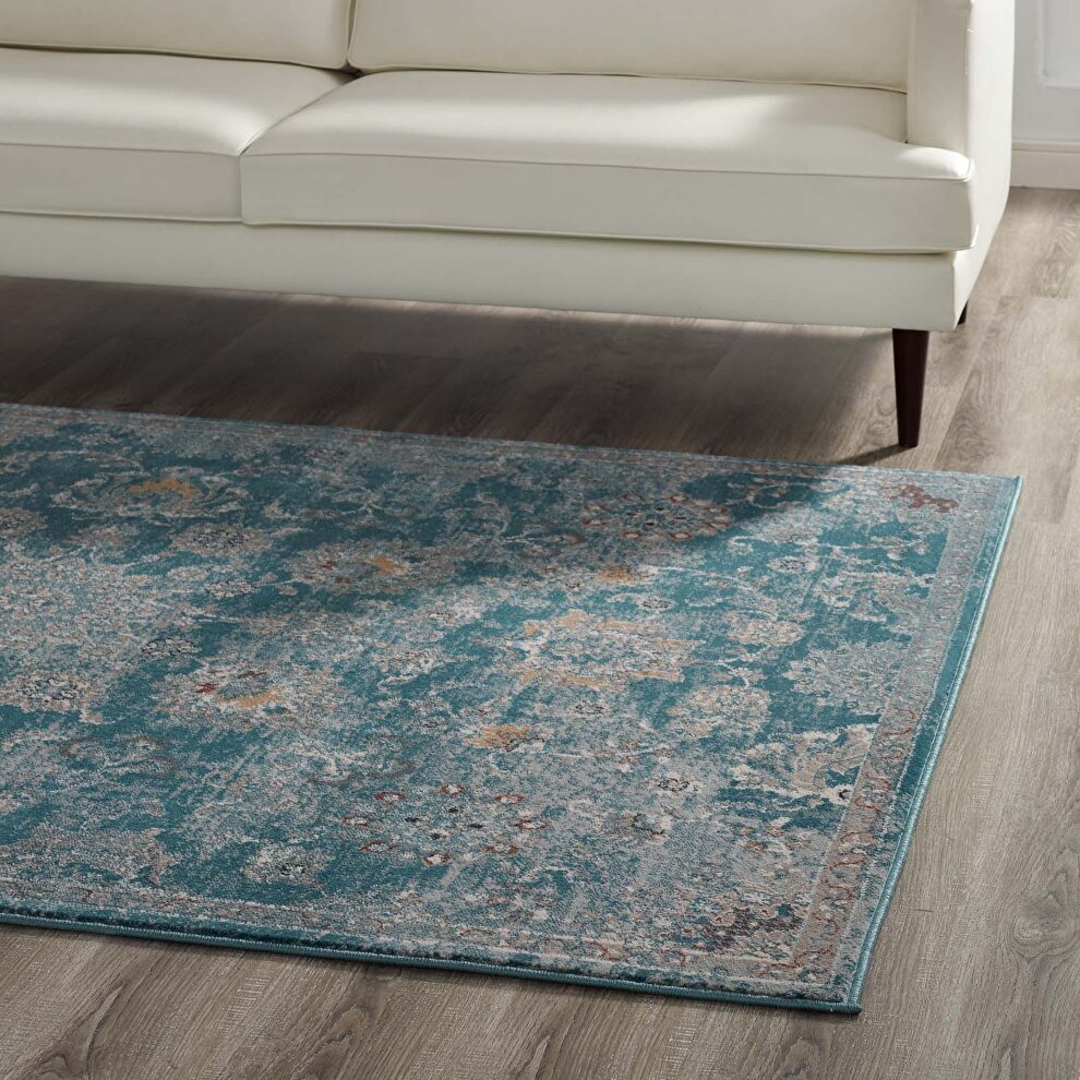 Distressed floral persian medallion area rug in silver blue, teal and beige by Modway
