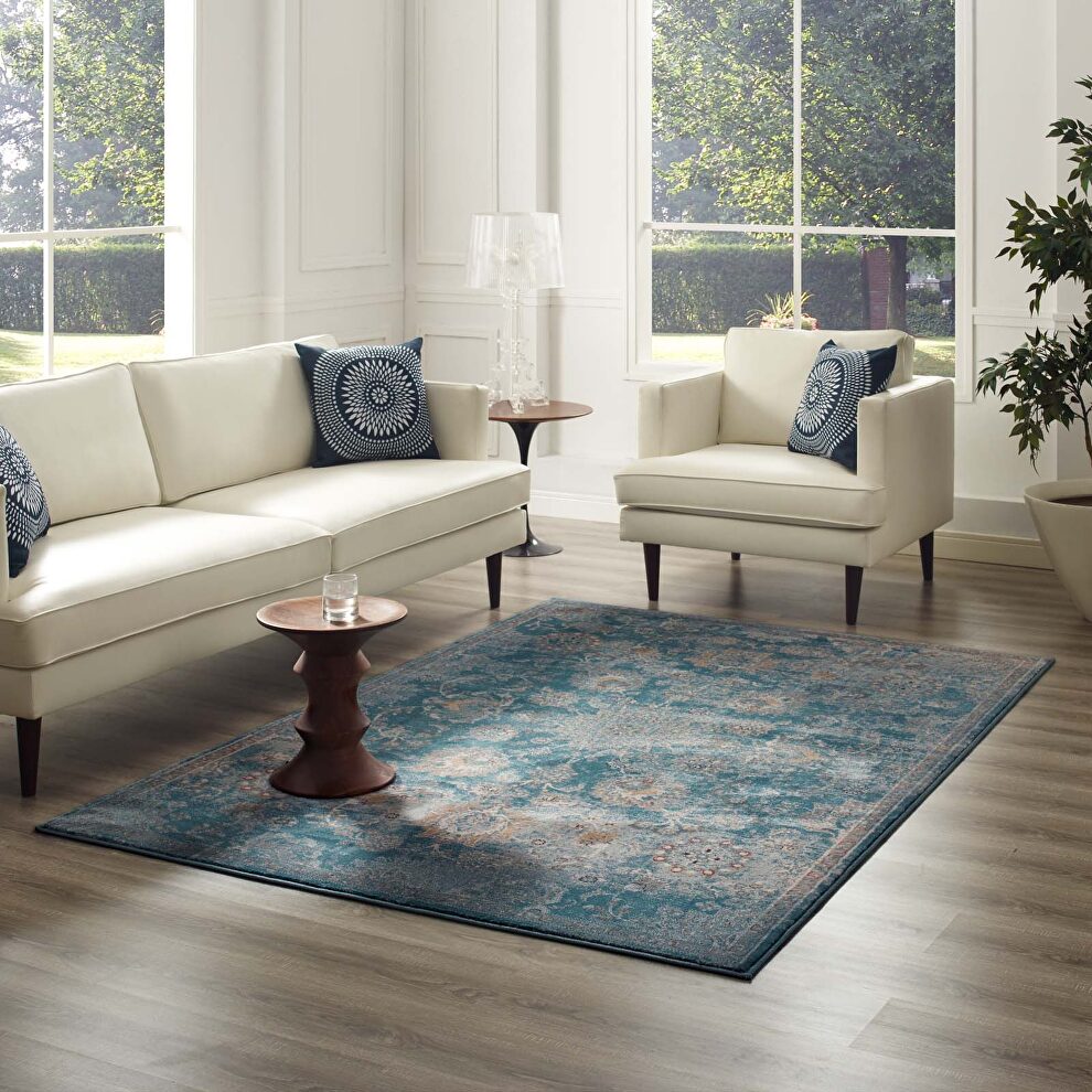 Silver blue, teal and beige distressed floral persian medallion area rug by Modway