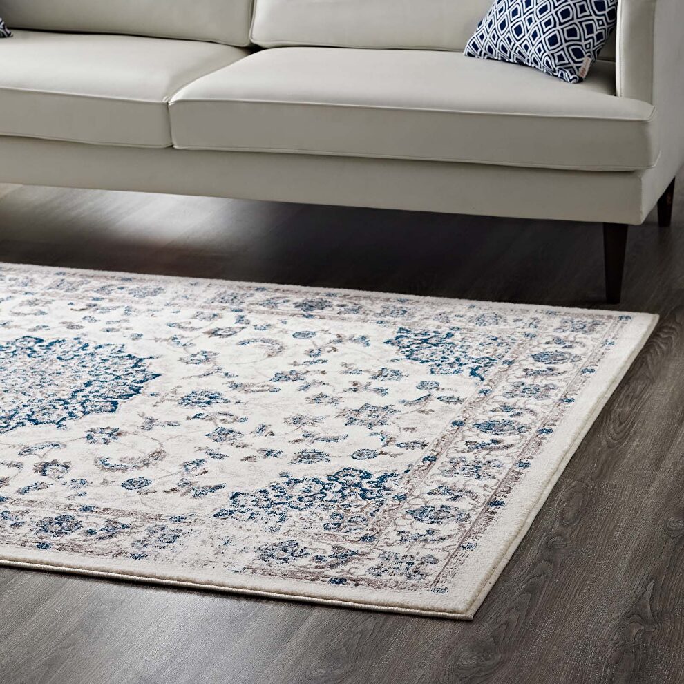 Distressed vintage persian medallion area rug in moroccan blue and ivory by Modway