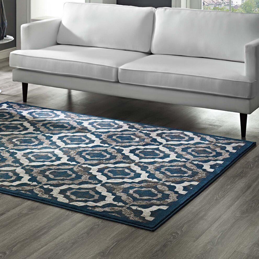 Rustic vintage moroccan trellis area rug in ivory, moroccan blue and brown by Modway
