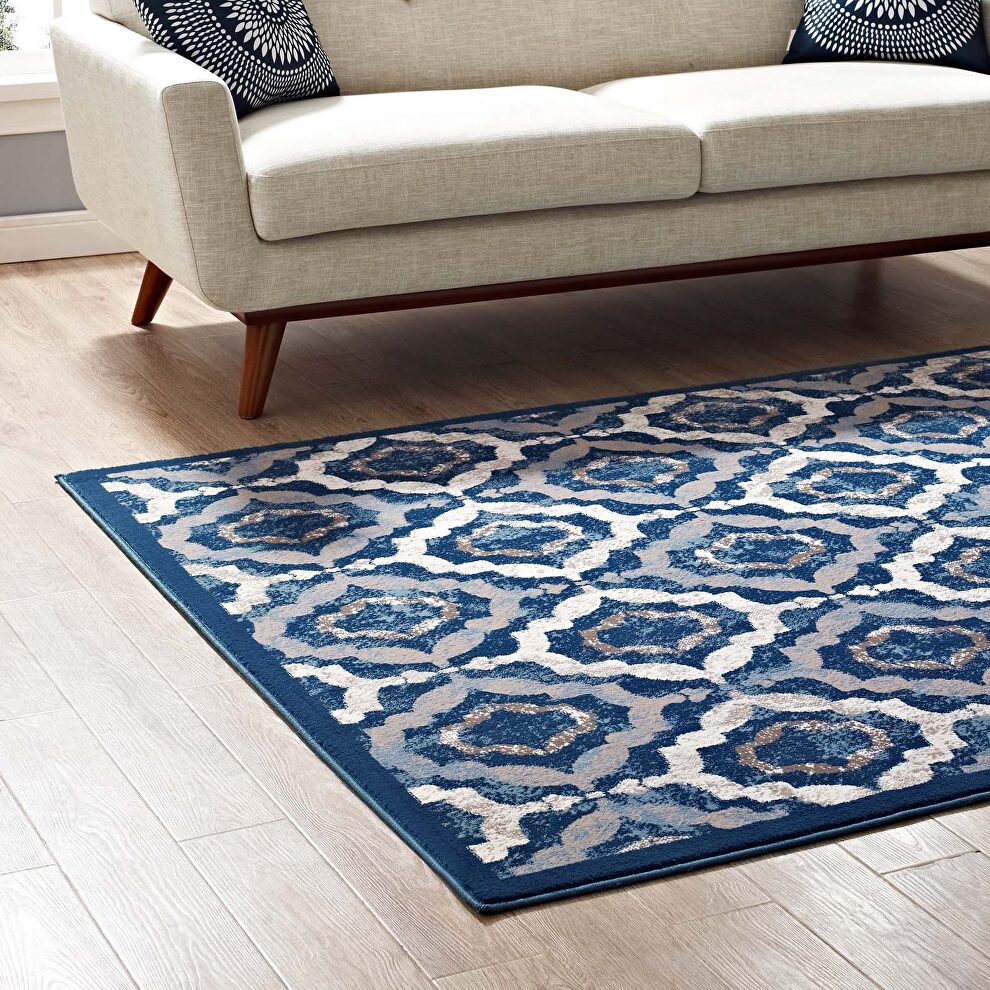 Rustic vintage moroccan trellis area rug in ivory, moroccan blue and beige by Modway