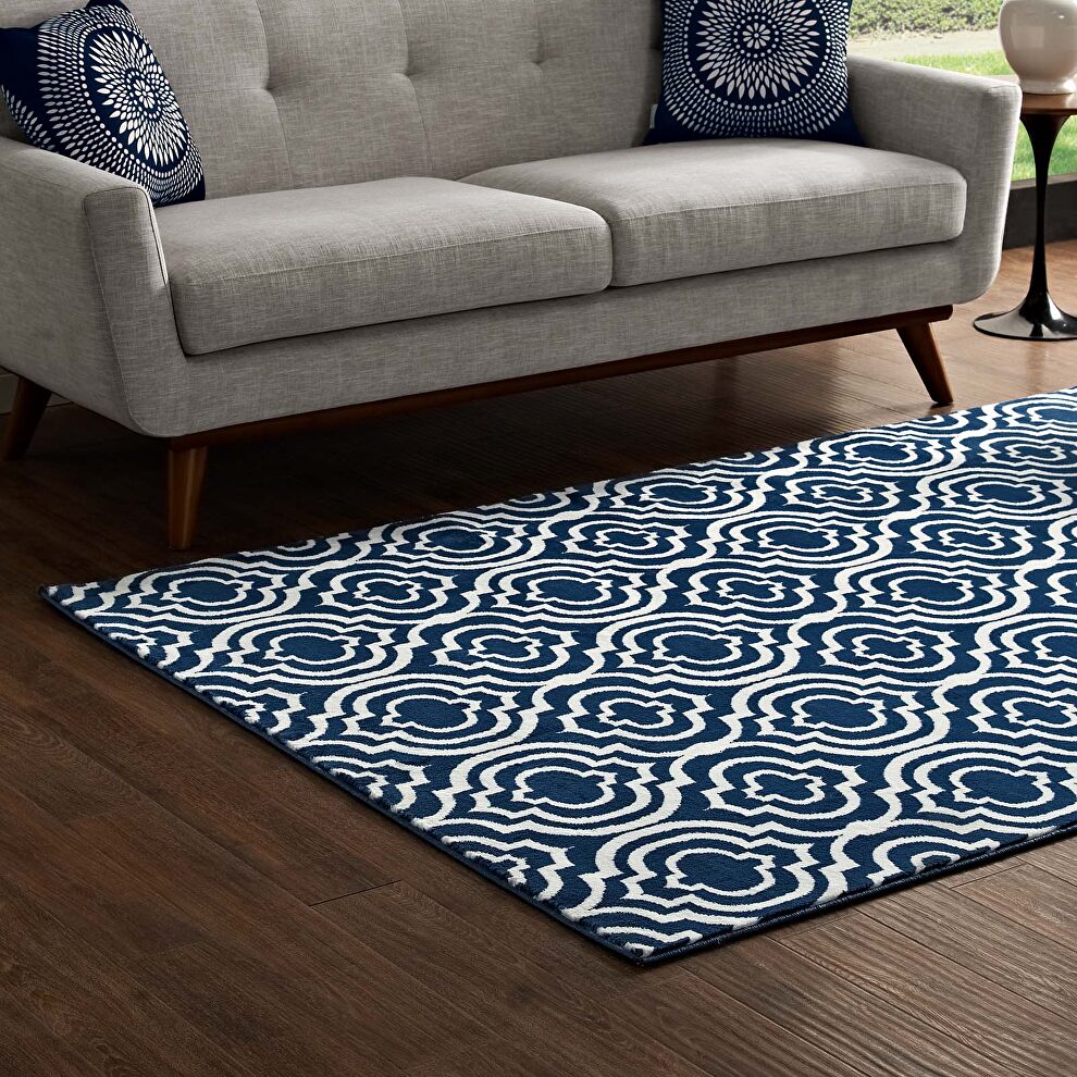 Transitional moroccan trellis area rug in morcoccan blue and ivory by Modway