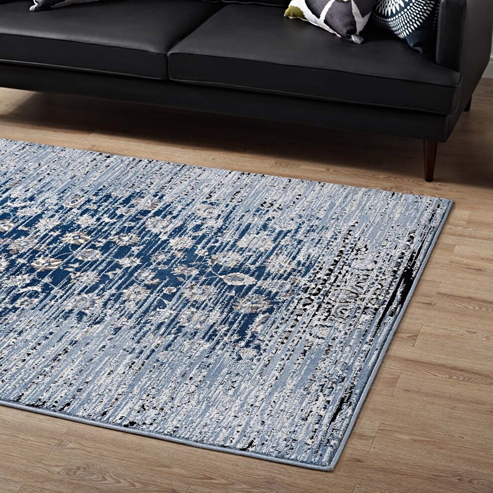Distressed floral lattice contemporary area rug in moroccan blue by Modway