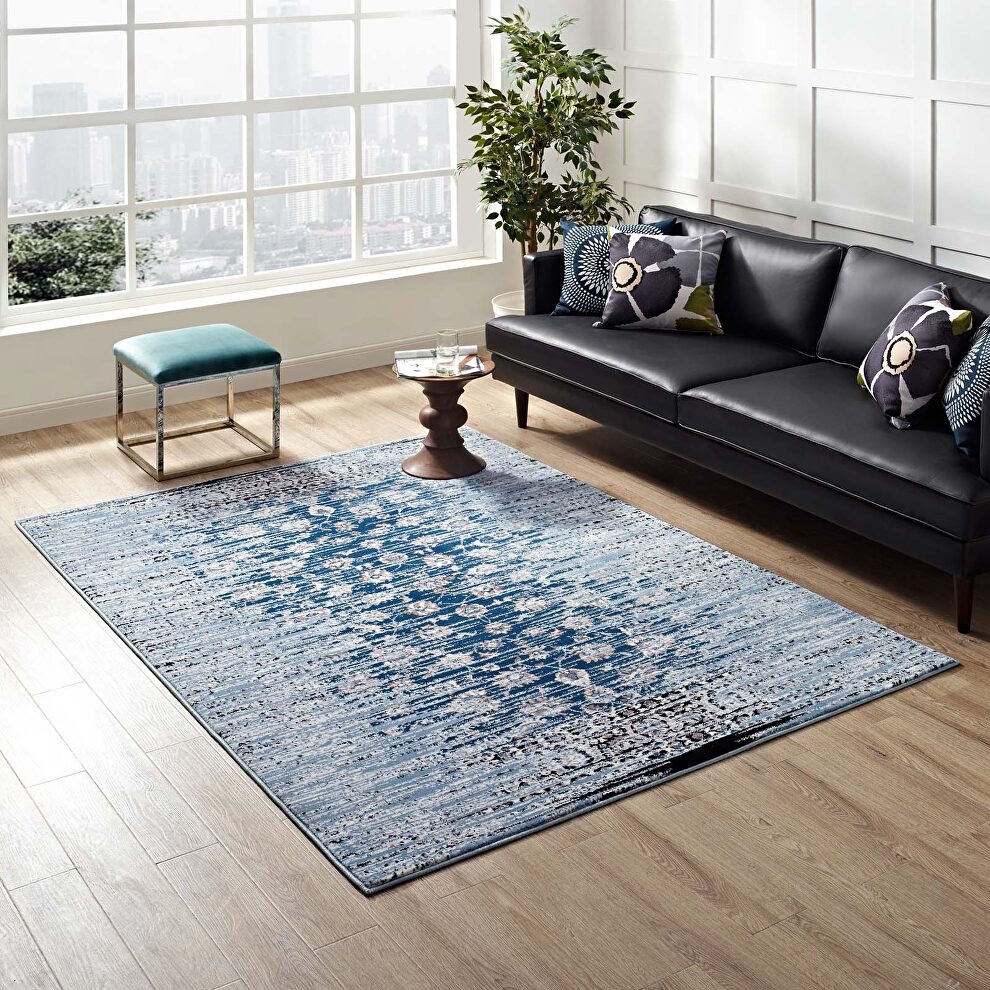 Moroccan blue distressed floral lattice contemporary area rug by Modway